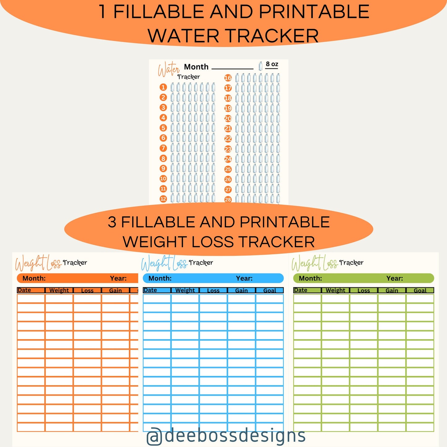 Fillable and Printable Water Tracker and Weight Loss Tracker Set, Hydration Tracker, Monthly Water Intake