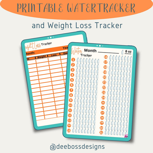 Printable Water Tracker and Weight Loss Tracker Set, Hydration Tracker, Monthly Water Intake