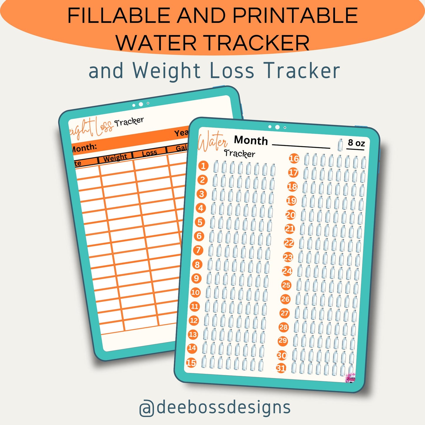 Fillable and Printable Water Tracker and Weight Loss Tracker Set, Hydration Tracker, Monthly Water Intake