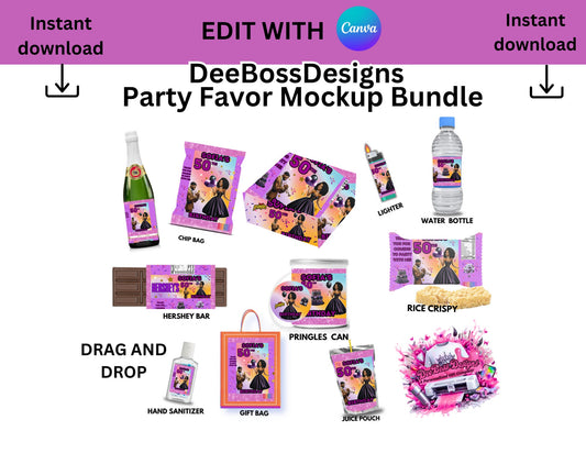 Birthday Party Favors Bundle Canva Mockup Template Editable Designs