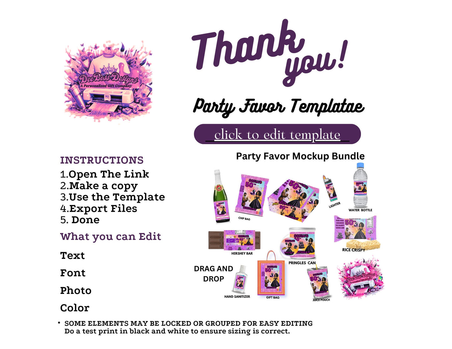 Birthday Party Favors Bundle Canva Mockup Template Editable Designs